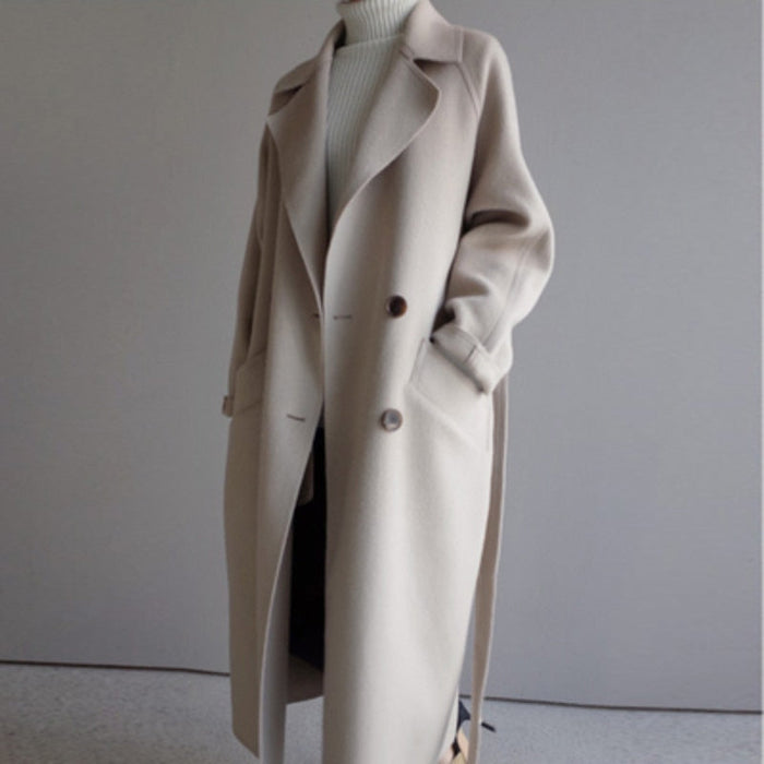 Women's Long Wool Coat Notch Lapel Double-Breasted Oversized Belted