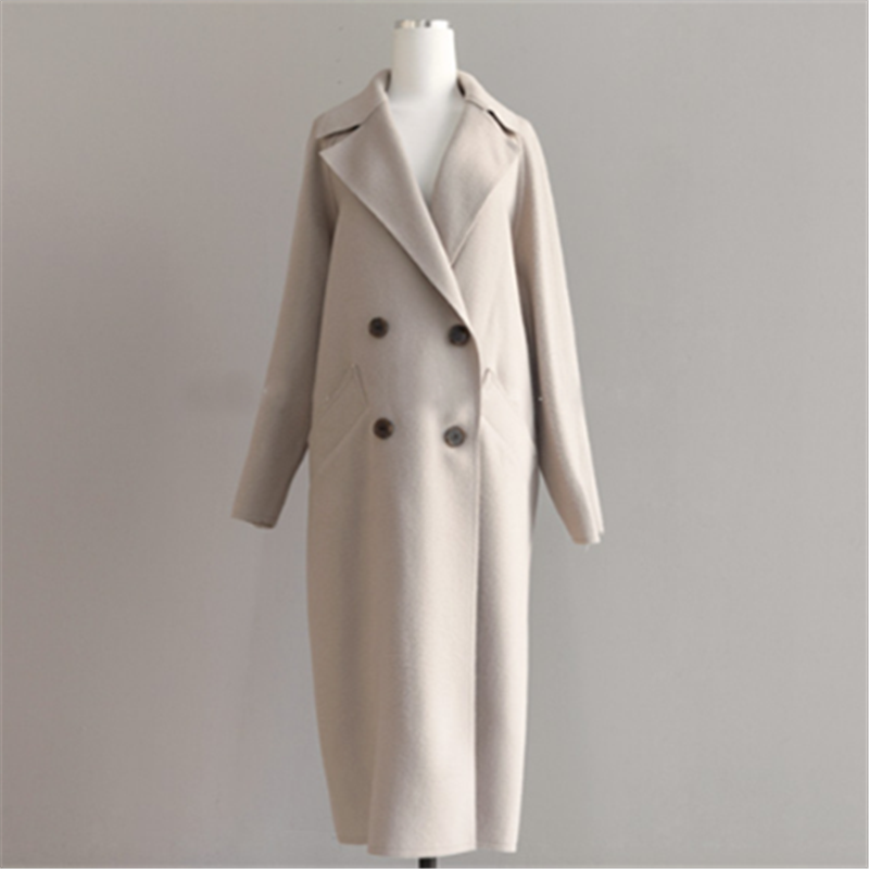Women's Long Wool Coat Notch Lapel Double-Breasted Oversized Belted