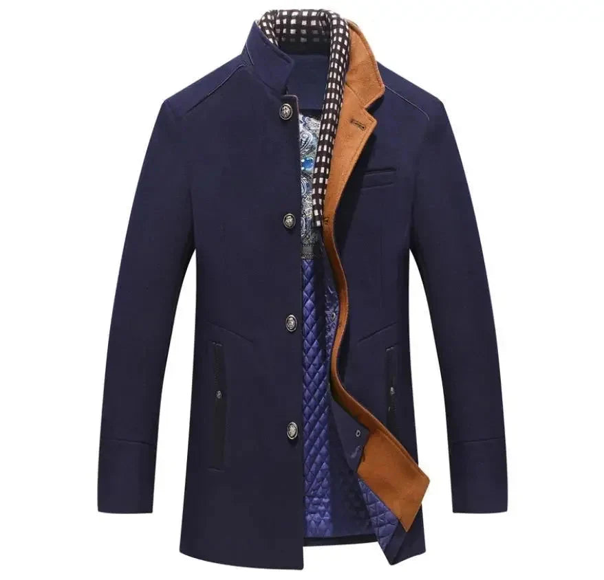 Men's Wool Blend Coat Stand Collar Single-Breasted Quilted-Lined Mid-Length Winter