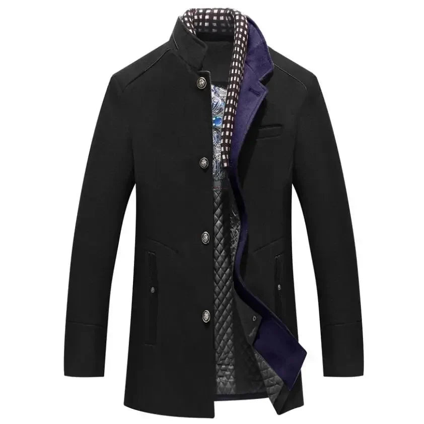 Men's Wool Blend Coat Stand Collar Single-Breasted Quilted-Lined Mid-Length Winter
