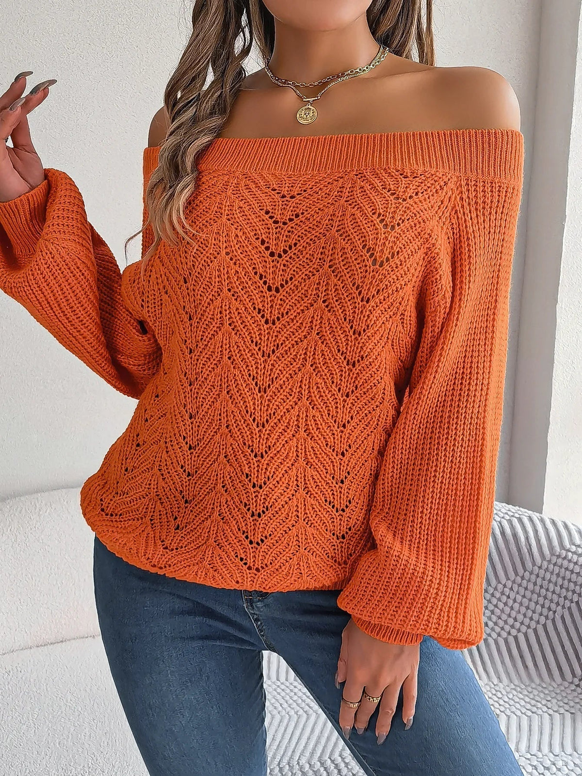 Women's Off-Shoulder Ribbed Knit Sweater Bardot Balloon-Sleeve Chunky Relaxed
