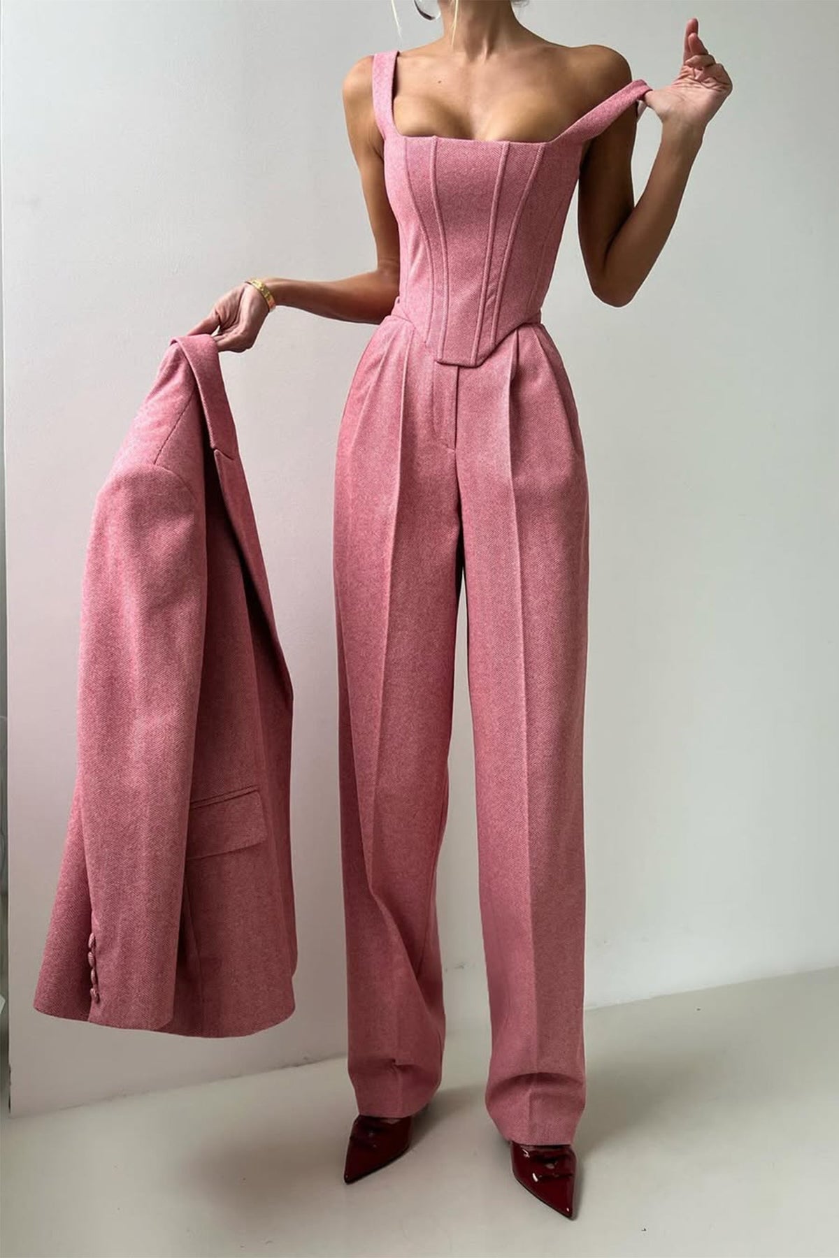 Women's Three-Piece Set Herringbone Blazer Corset Top Wide-Leg Pants Tailored