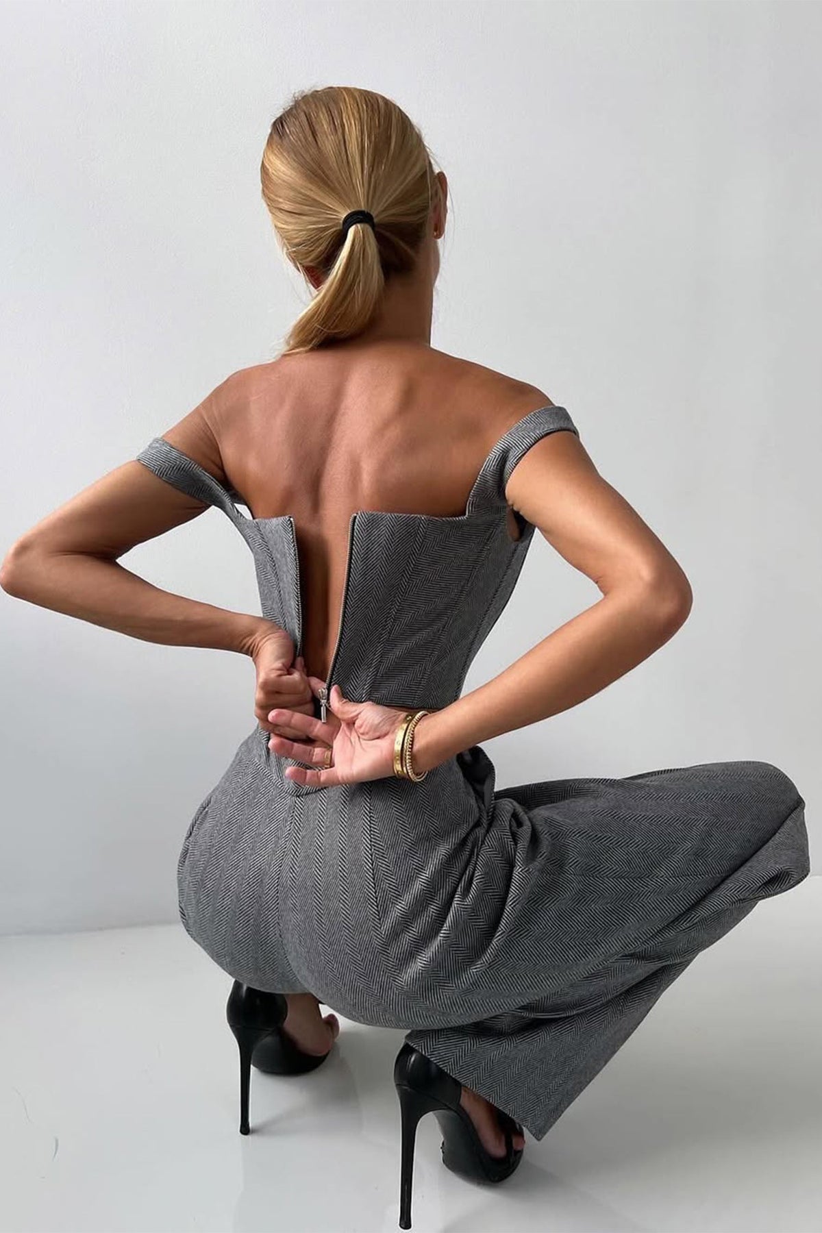 Women's Three-Piece Set Herringbone Blazer Corset Top Wide-Leg Pants Tailored