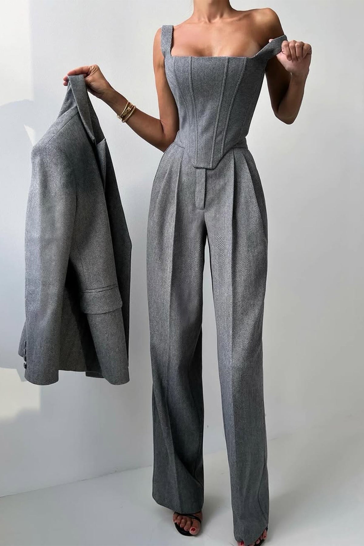 Women's Three-Piece Set Herringbone Blazer Corset Top Wide-Leg Pants Tailored