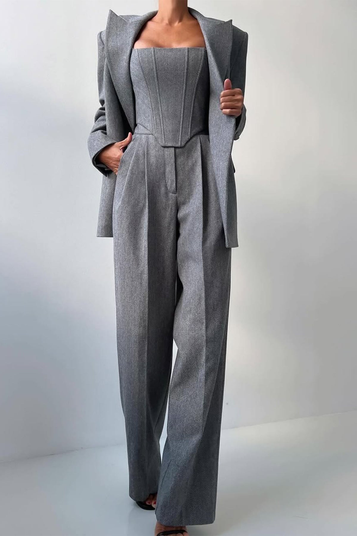 Women's Three-Piece Set Herringbone Blazer Corset Top Wide-Leg Pants Tailored