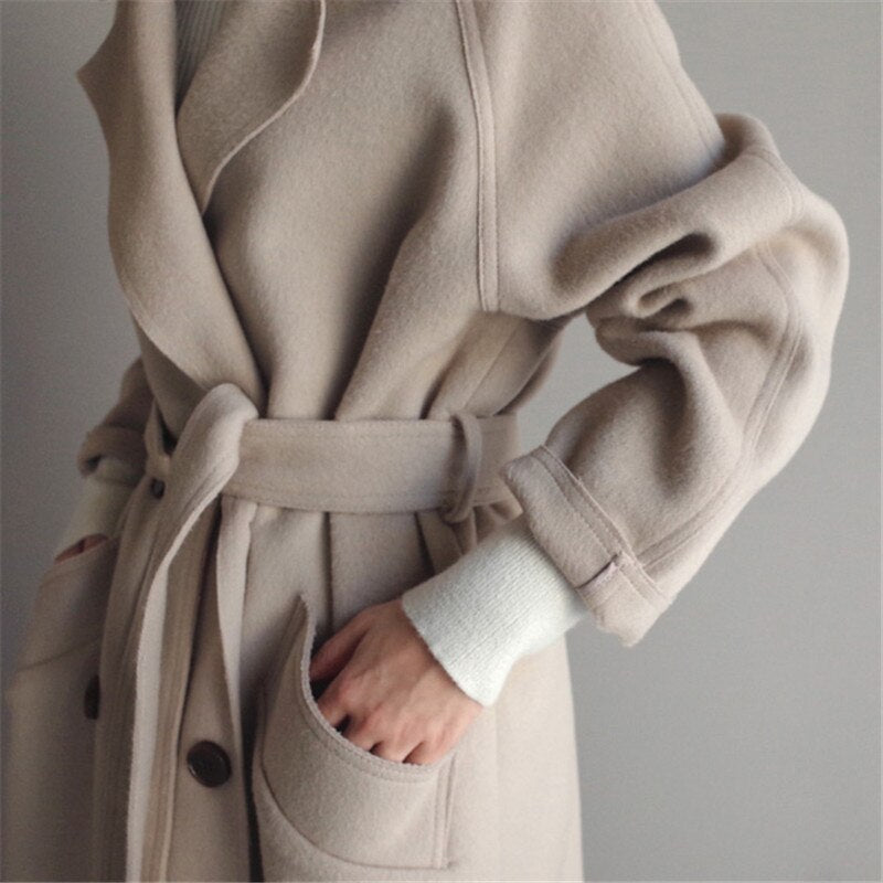 Women's Long Wool Coat Notch Lapel Double-Breasted Oversized Belted