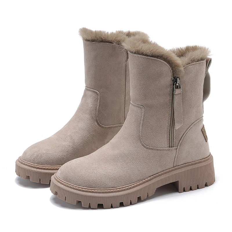 Women's Suede Snow Boots Faux-Fur Cuff Side-Zip Platform Warm