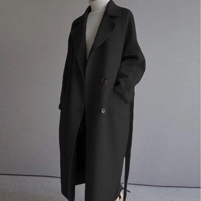 Women's Long Wool Coat Notch Lapel Double-Breasted Oversized Belted