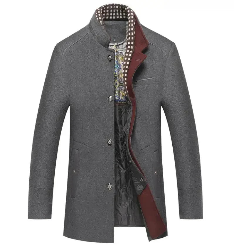 Men's Wool Blend Coat Stand Collar Single-Breasted Quilted-Lined Mid-Length Winter