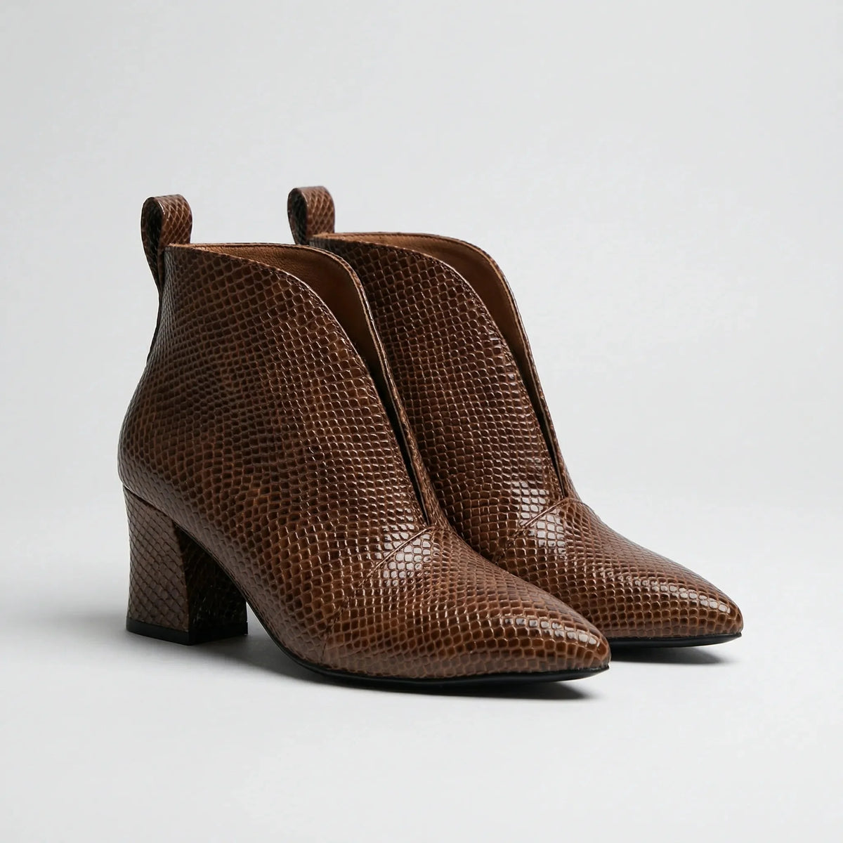 Women's Croc Leather Ankle Boots V-Cut Block Heel Pointed-Toe