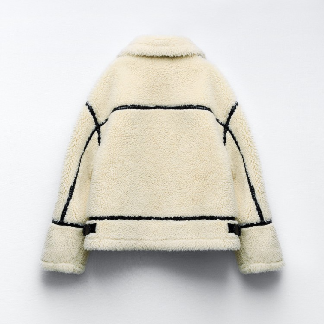 Women's Cream Teddy Fleece Aviator Jacket Spread Collar Zip-Up