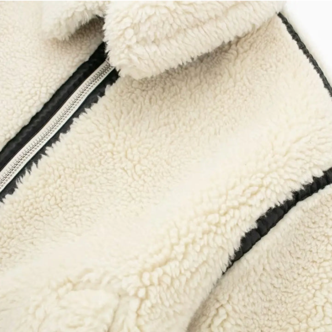 Women's Cream Teddy Fleece Aviator Jacket Spread Collar Zip-Up