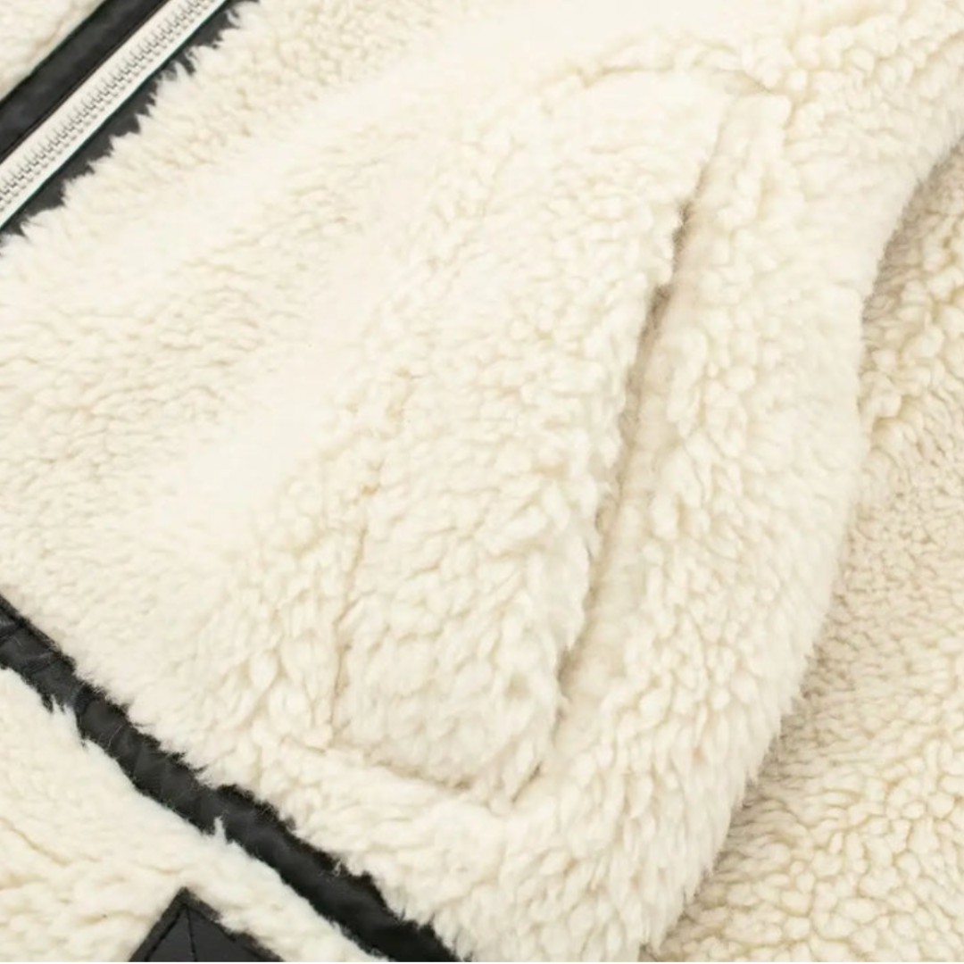 Women's Cream Teddy Fleece Aviator Jacket Spread Collar Zip-Up