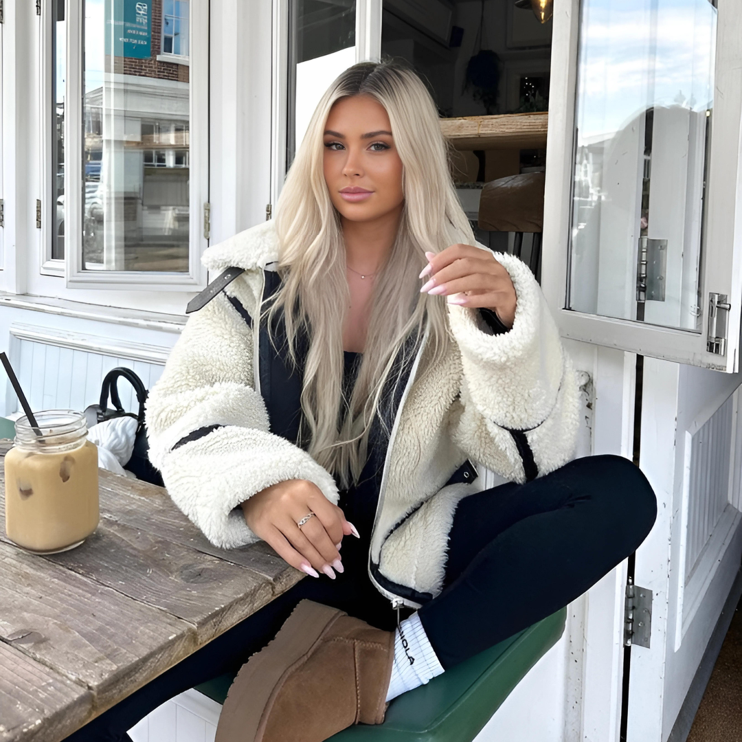Women's Cream Teddy Fleece Aviator Jacket Spread Collar Zip-Up