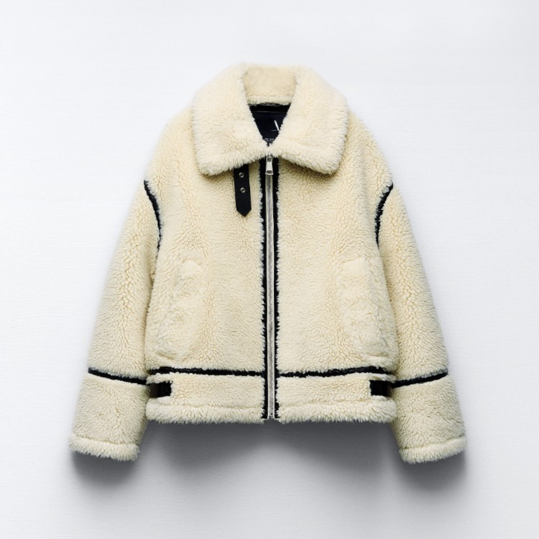 Women's Cream Teddy Fleece Aviator Jacket Spread Collar Zip-Up
