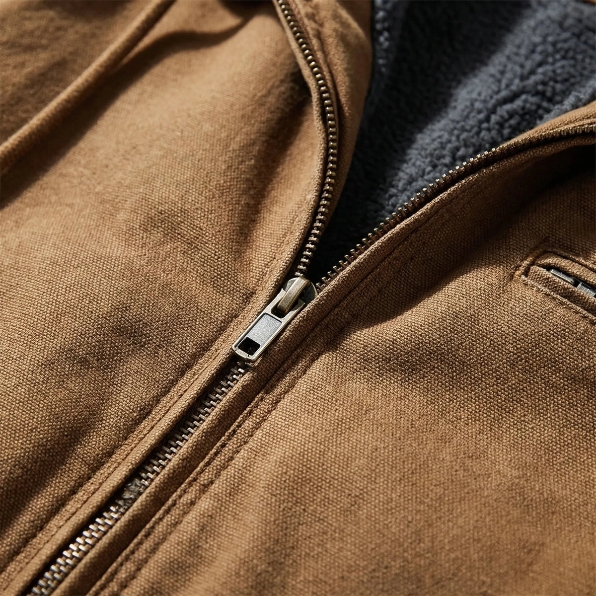 Men's Sherpa-Lined Canvas Hooded Jacket Drawstring Full-Zip Workwear Warm