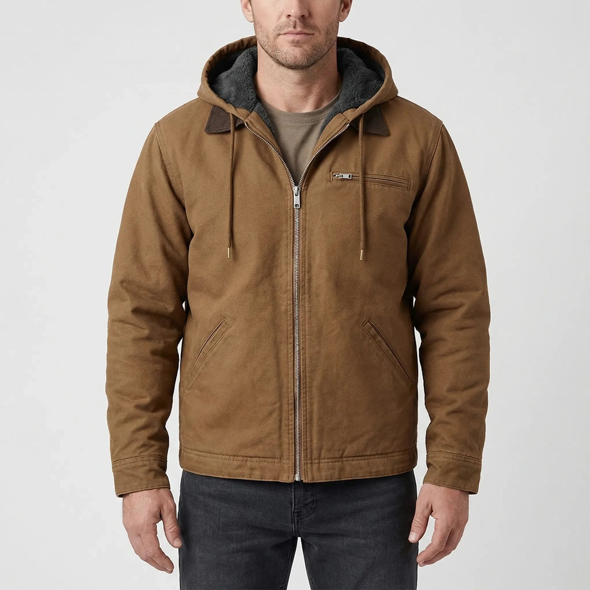 Men's Sherpa-Lined Canvas Hooded Jacket Drawstring Full-Zip Workwear Warm
