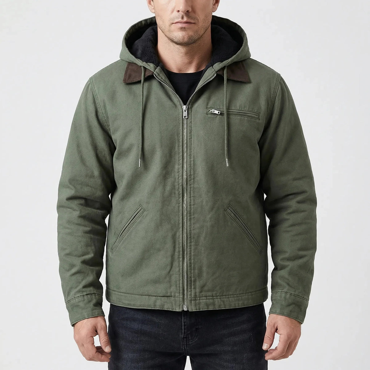 Men's Sherpa-Lined Canvas Hooded Jacket Drawstring Full-Zip Workwear Warm