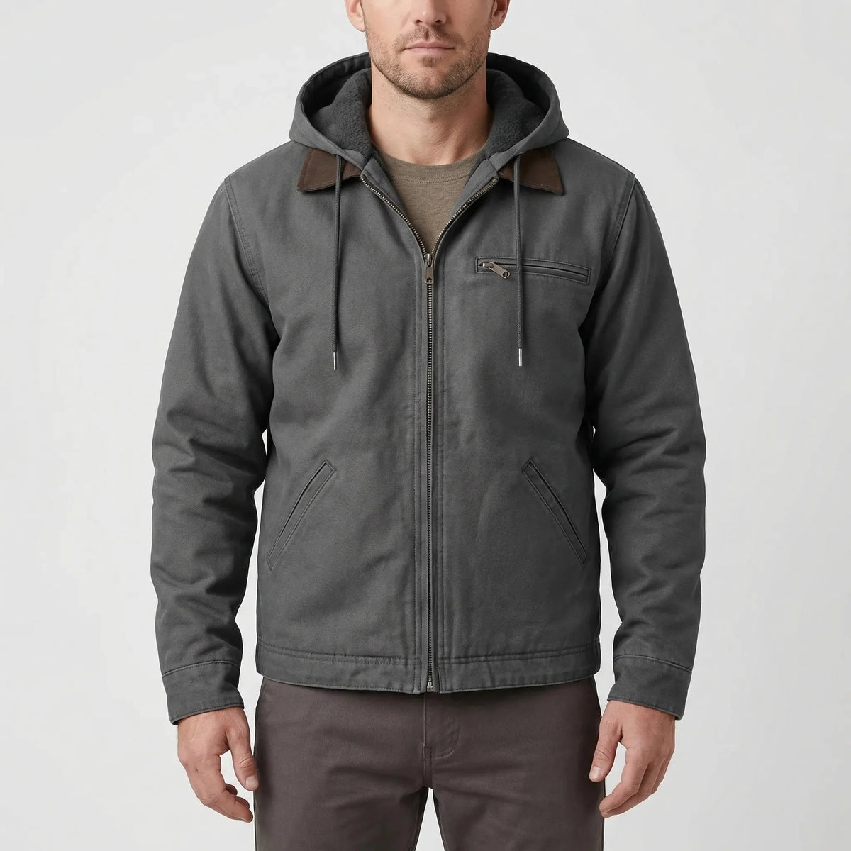 Men's Sherpa-Lined Canvas Hooded Jacket Drawstring Full-Zip Workwear Warm