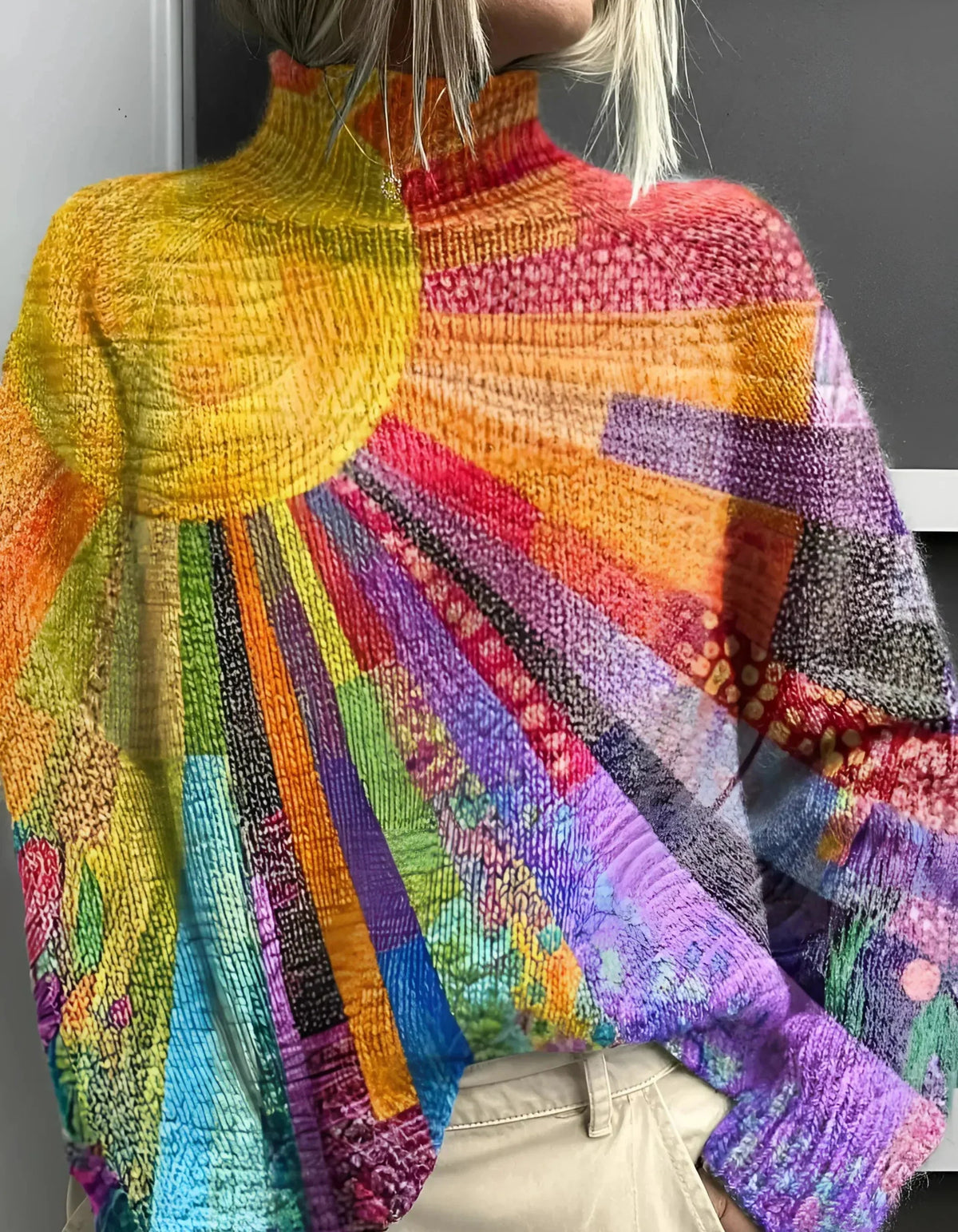 Women's Colorful Print Turtleneck Sweater Abstract Oversized Relaxed Pullover