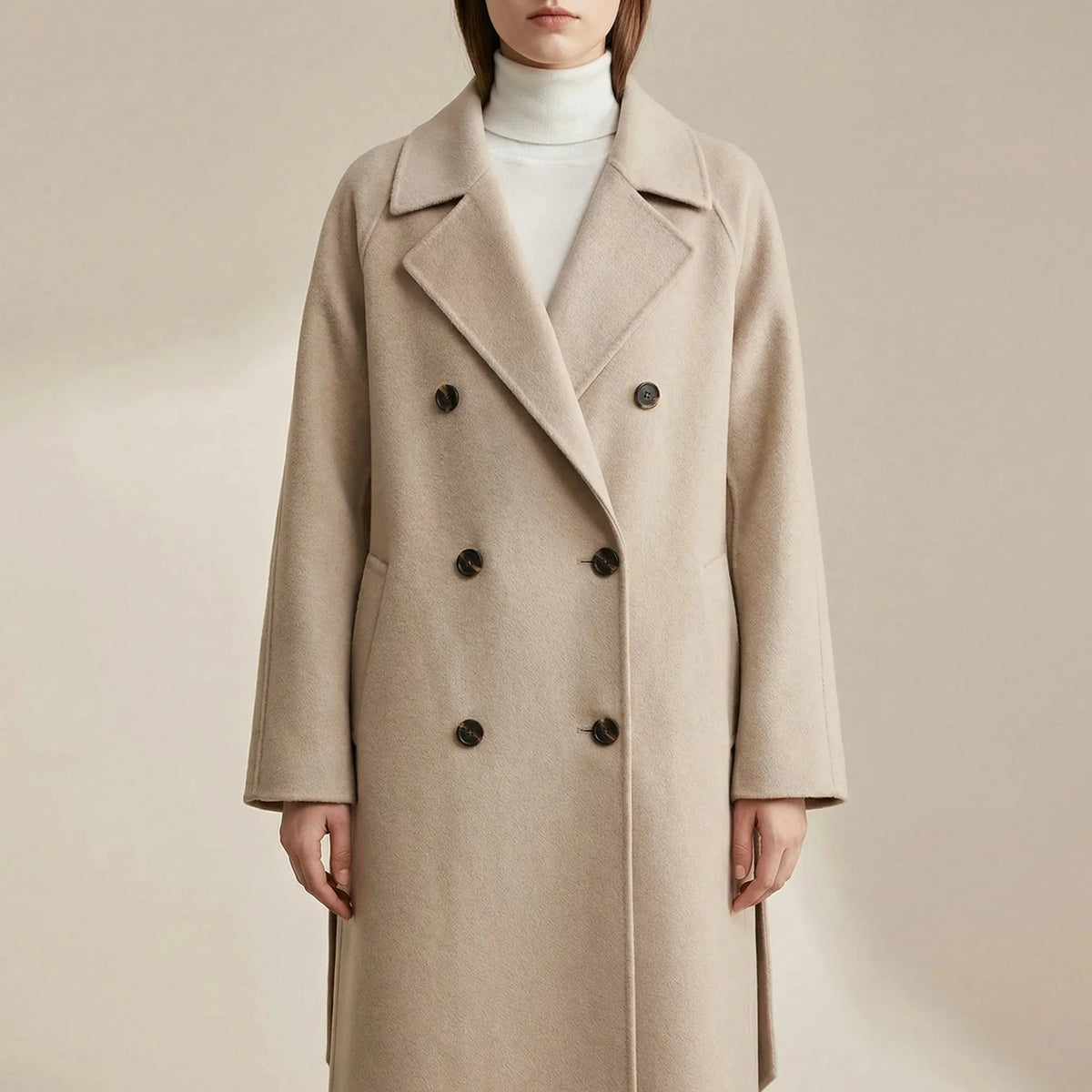 Women's Knee-Length Wool Coat Double-Breasted Notch Lapel Oversized Belted