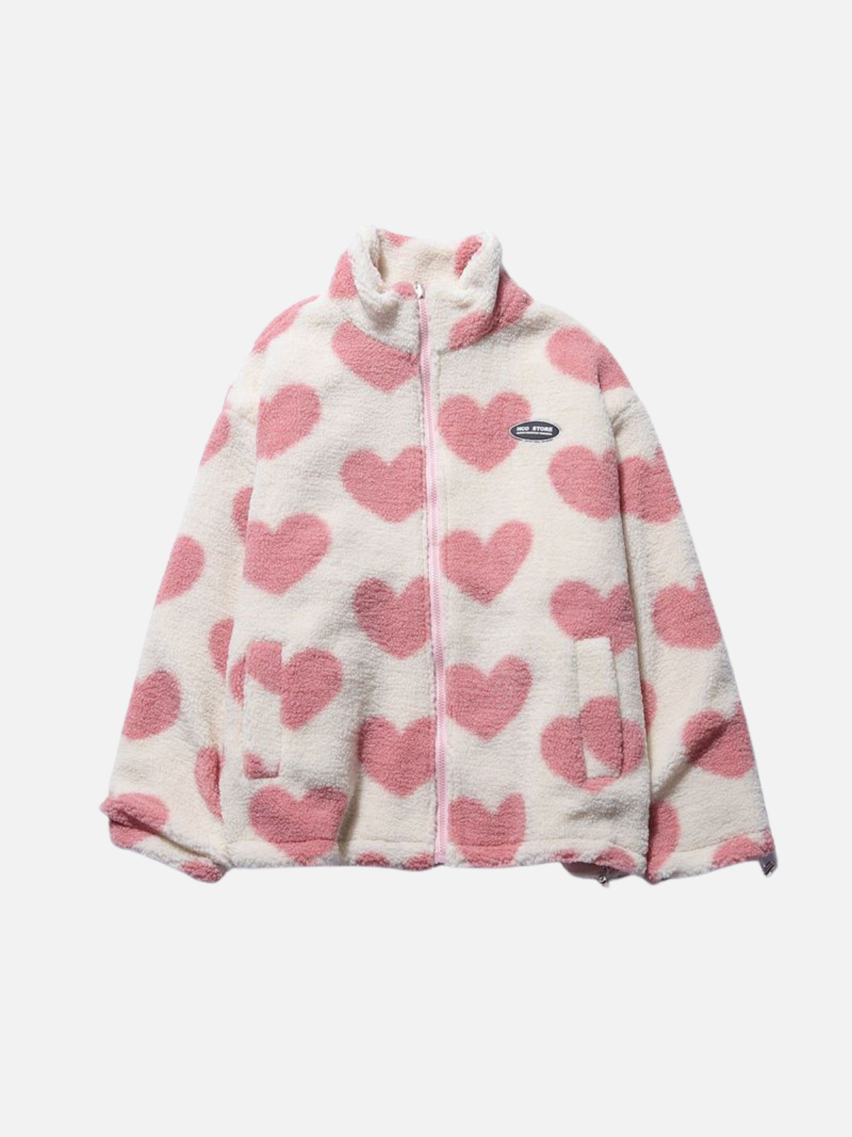 Women's Reversible Heart-Print Sherpa Jacket Stand Collar Full-Zip Cozy