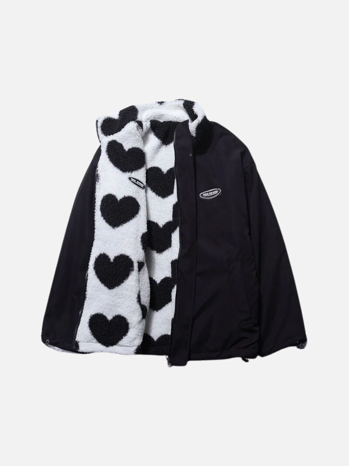 Women's Reversible Heart-Print Sherpa Jacket Stand Collar Full-Zip Cozy
