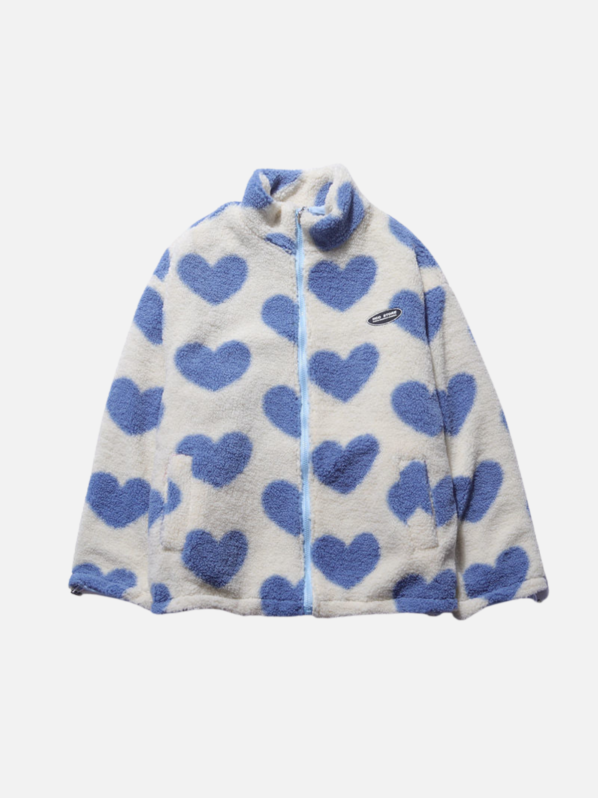 Women's Reversible Heart-Print Sherpa Jacket Stand Collar Full-Zip Cozy