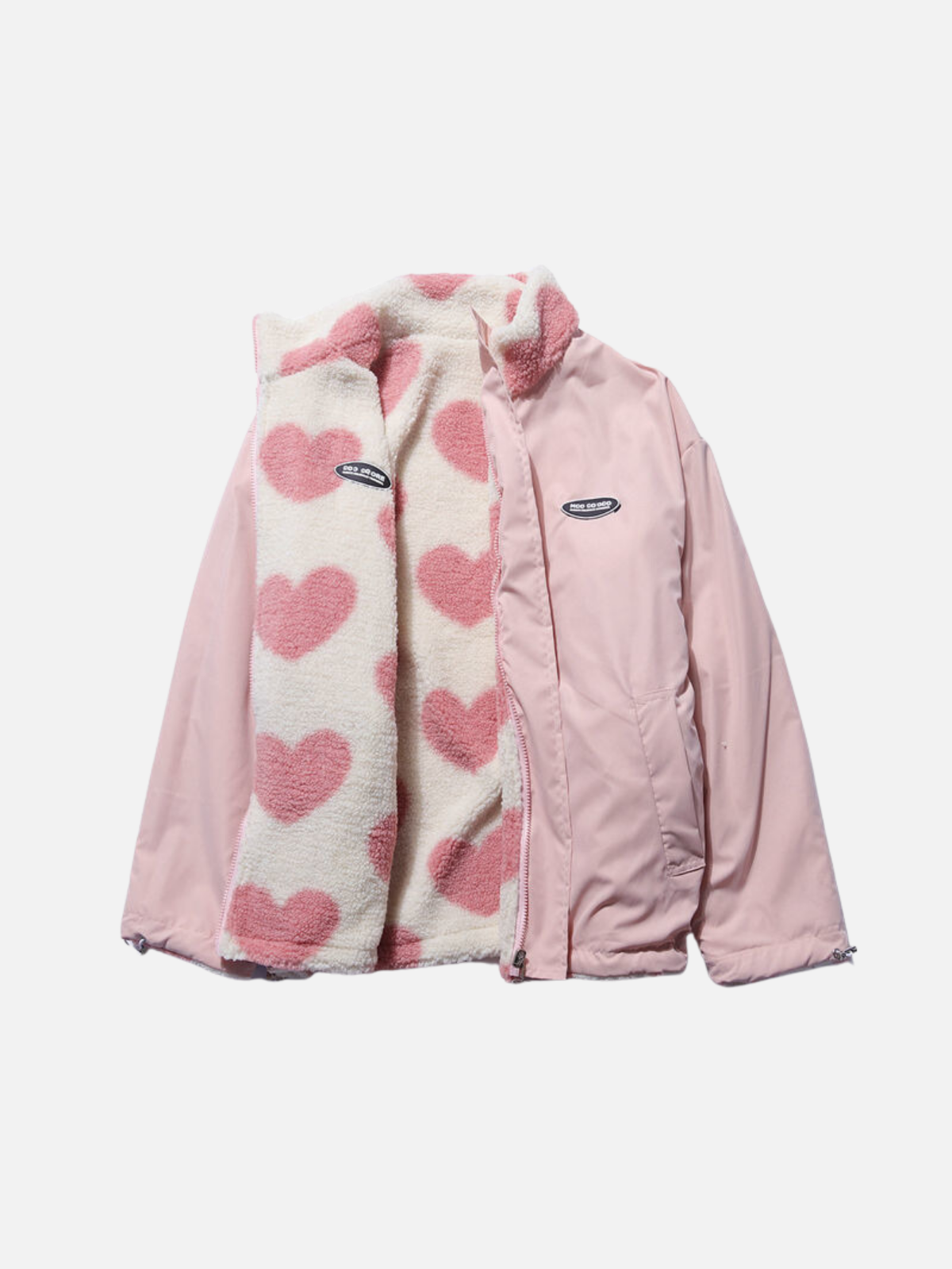 Women's Reversible Heart-Print Sherpa Jacket Stand Collar Full-Zip Cozy