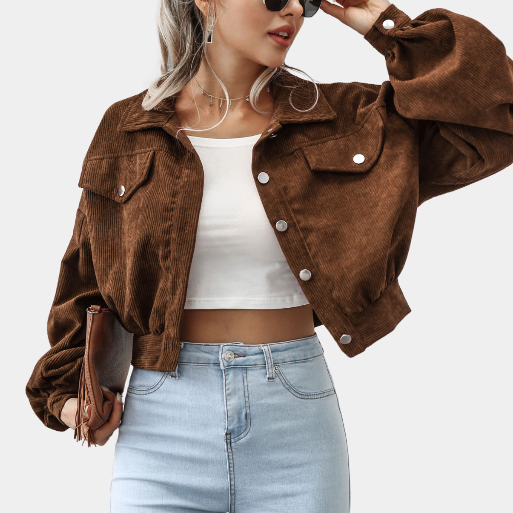 Women's Corduroy Cropped Jacket Button-Front Collared Lantern-Sleeve Flap-Pocket Relaxed