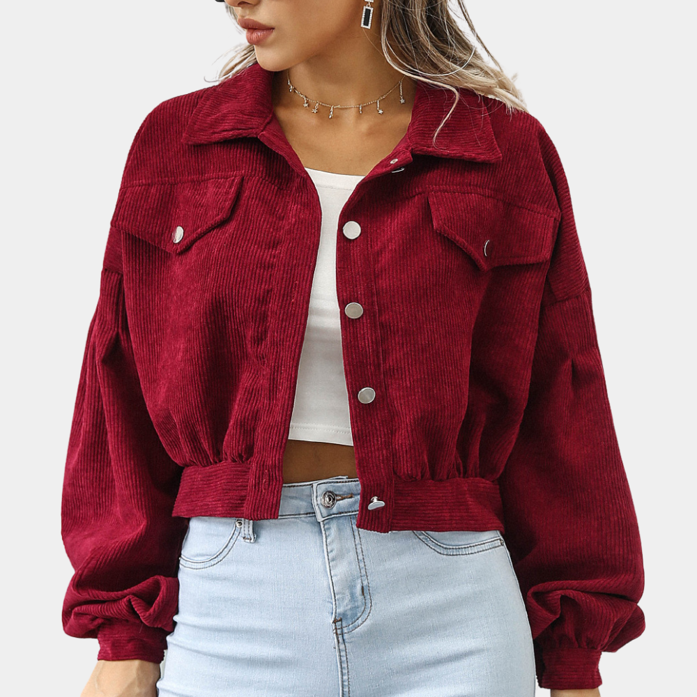 Women's Corduroy Cropped Jacket Button-Front Collared Lantern-Sleeve Flap-Pocket Relaxed