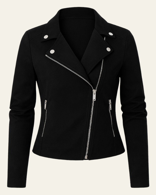 Women's Moto Jacket Peak Lapel Zip-Up Slim Fitted Snap-Tab Relaxed