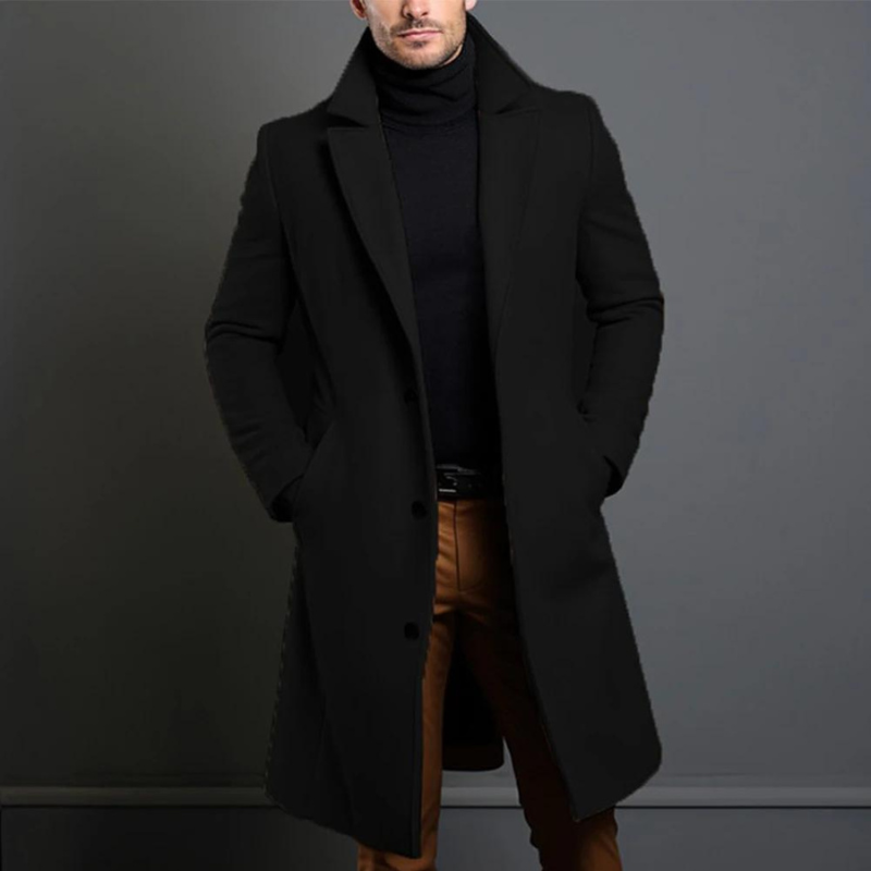 Men's Wool Blend Overcoat Single-Breasted Notch Lapel Longline Weather-Resistant
