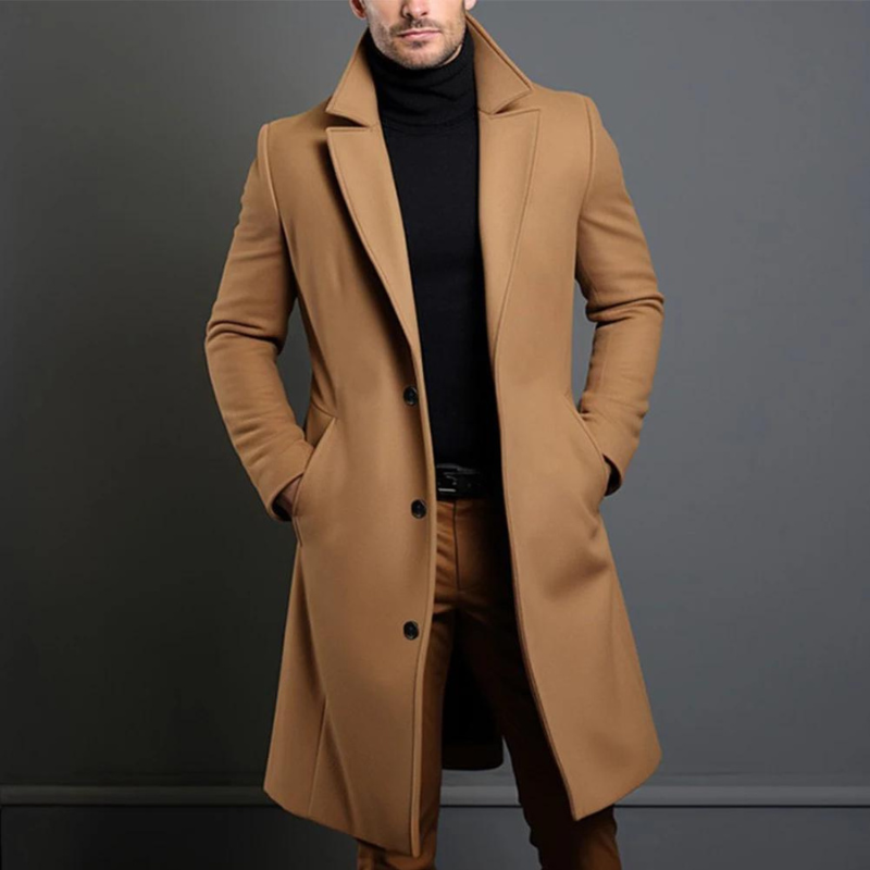Men's Wool Blend Overcoat Single-Breasted Notch Lapel Longline Weather-Resistant