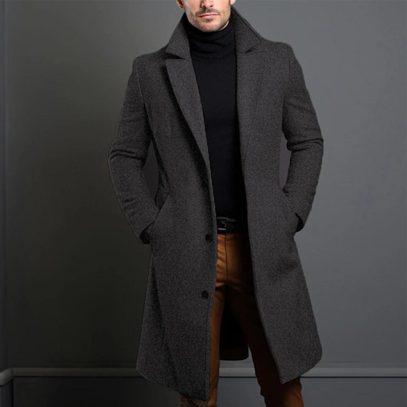 Men's Wool Blend Overcoat Single-Breasted Notch Lapel Longline Weather-Resistant