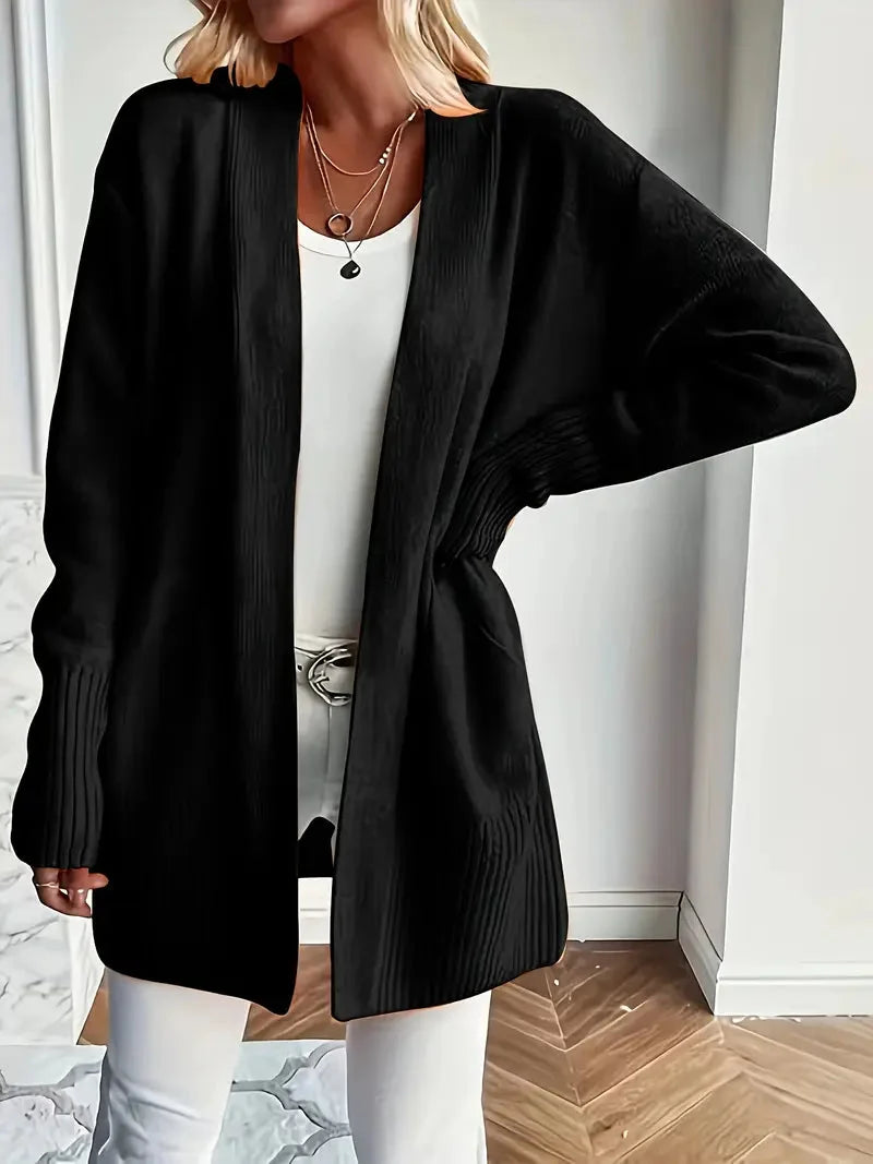 Women's Open-Front Knit Cardigan Ribbed-Trim Longline Drop-Shoulder Pockets Relaxed