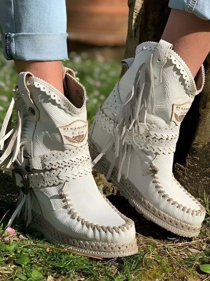 Women's Boho Fringe Ankle Boots Western Whipstitch Tassel Wedge Studded