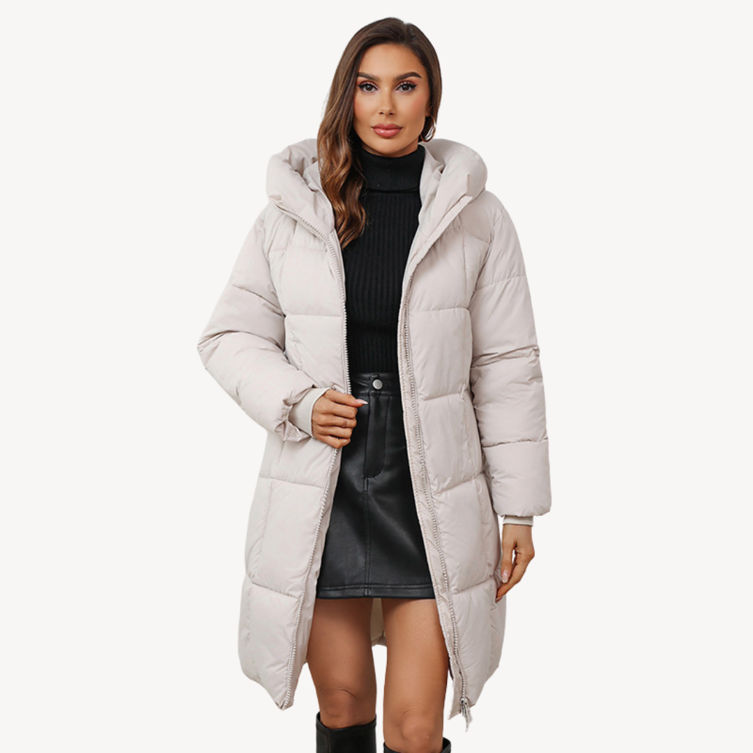 Women's Hooded Puffer Coat Box-Quilted Full-Zip Longline Fitted Warm