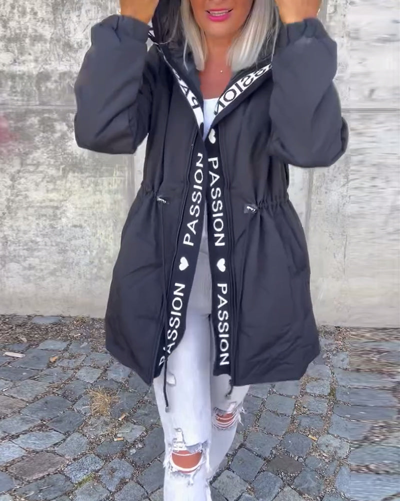 Women's Hooded Padded Coat Drawstring Waist Letter-Trim Zip-Up Warm