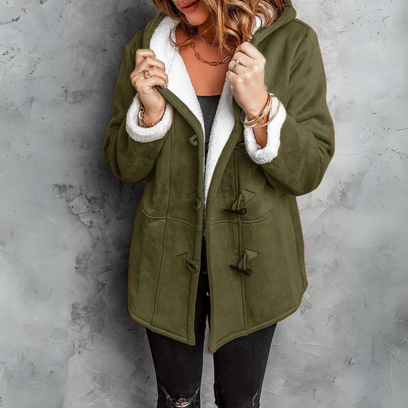 Women's Suede Sherpa-Lined Hooded Duffle Jacket Toggle-Button Warm