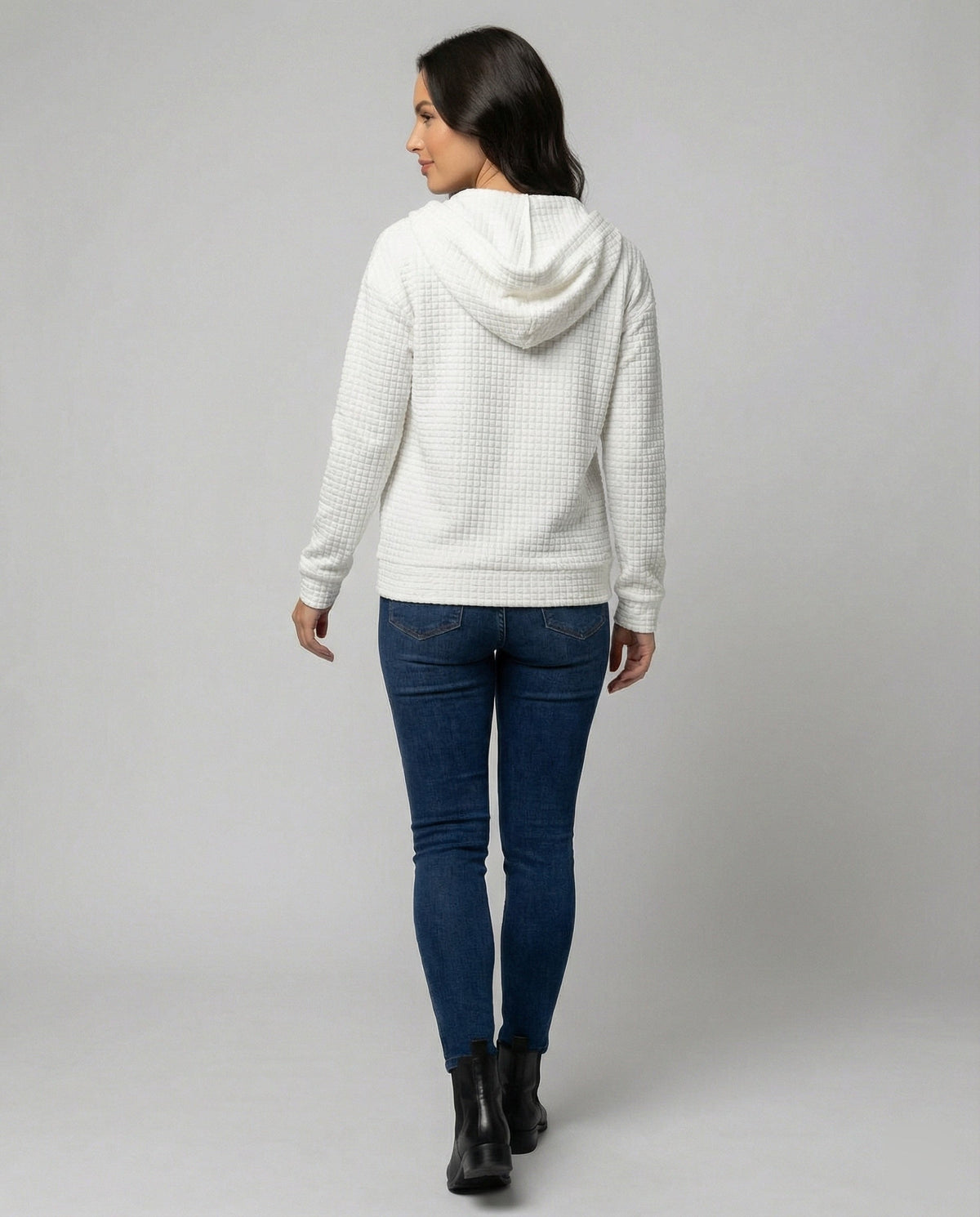 Women's Waffle Textured Fleece Jacket Hooded Full-Zip Quilted Relaxed