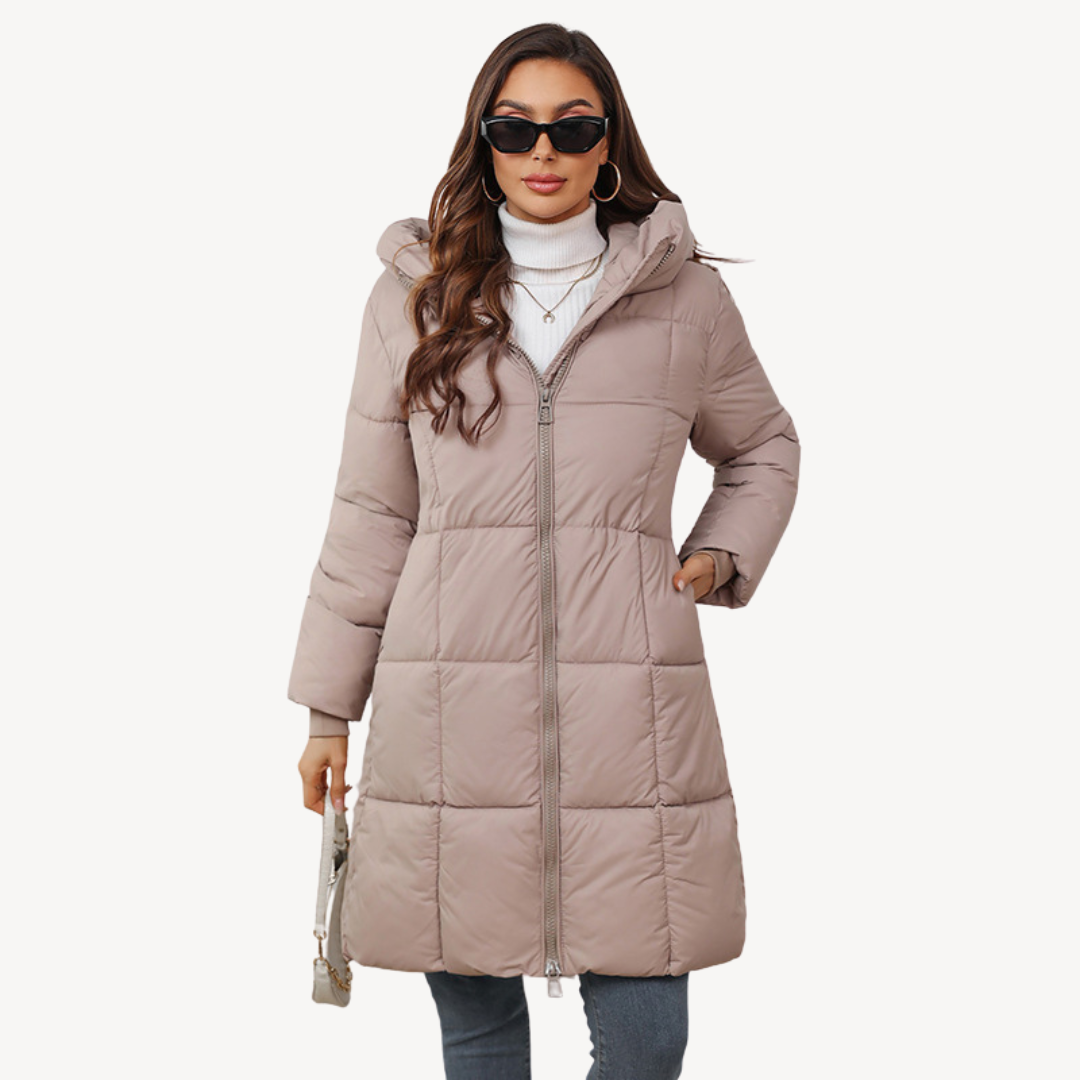 Women's Hooded Puffer Coat Box-Quilted Full-Zip Longline Fitted Warm