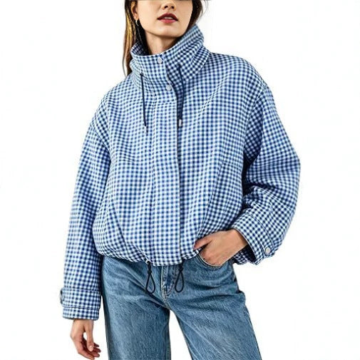 Women's Gingham Check Cropped Jacket Padded Stand Collar Zip-Up Oversized Warm