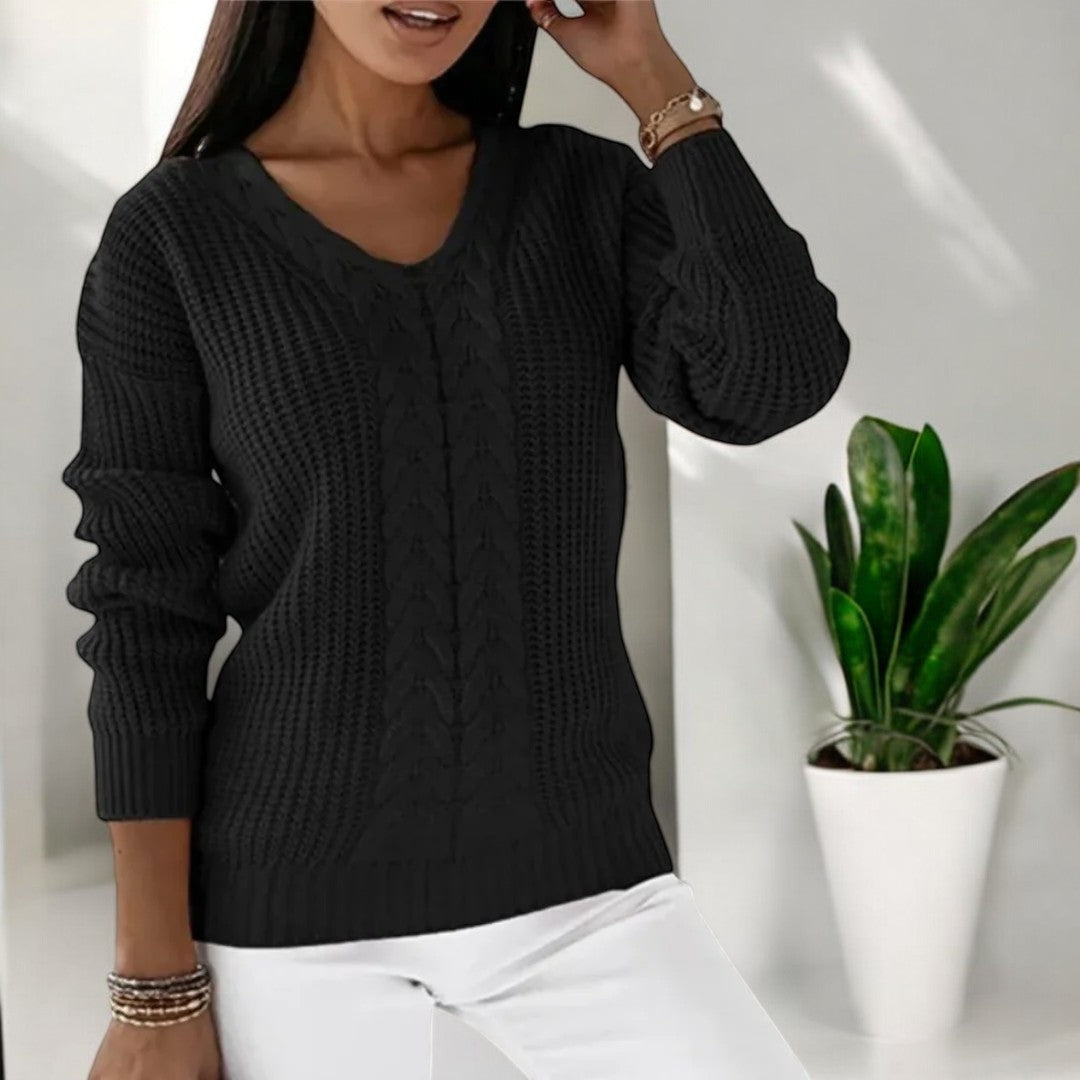 Women's Cable Knit Sweater V-Neck Waffle Textured Relaxed Long-Sleeve Pullover