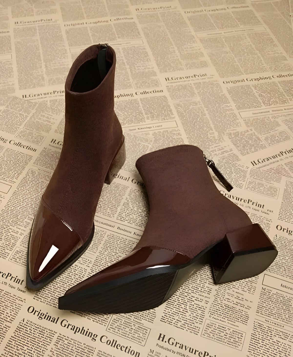 Women's Suede Patent Ankle Boots Pointed-Toe Block-Heel Cap-Toe