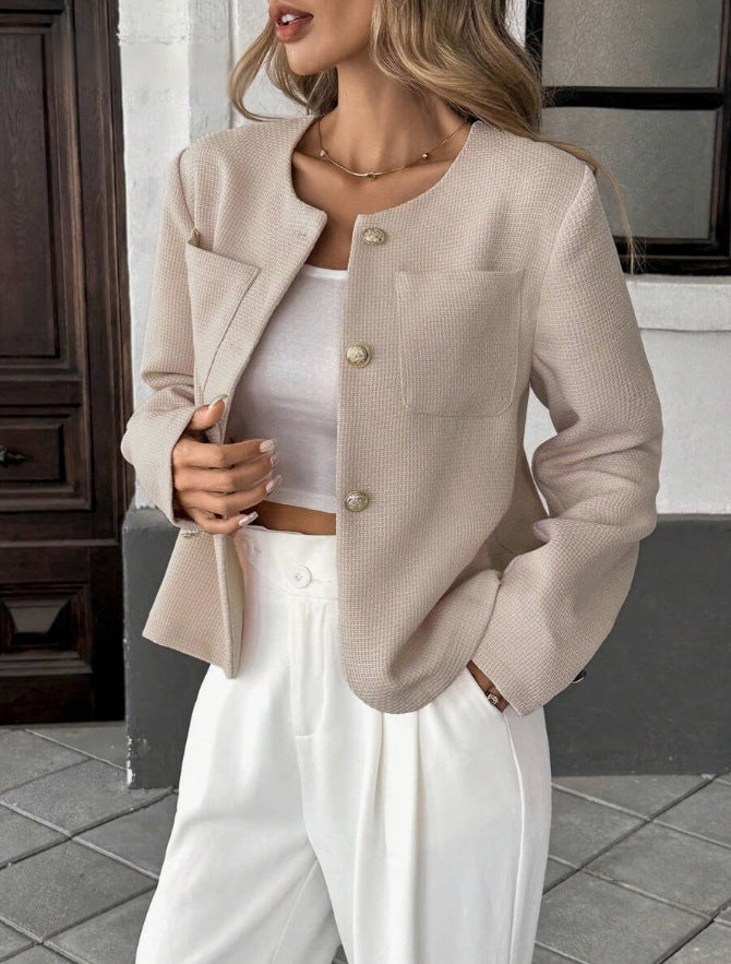 Women's Tweed Cropped Jacket Collarless Gold-Button Patch-Pocket Fitted Cream