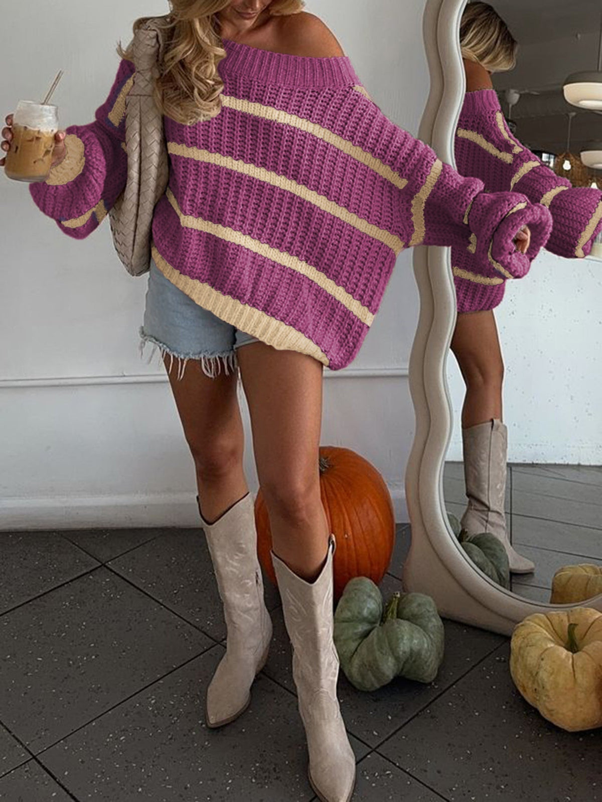 Women's Off-Shoulder Striped Sweater Two-Tone Chunky Knit Balloon-Sleeve Oversized