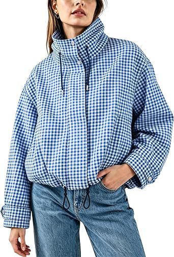 Women's Gingham Check Cropped Jacket Padded Stand Collar Zip-Up Oversized Warm