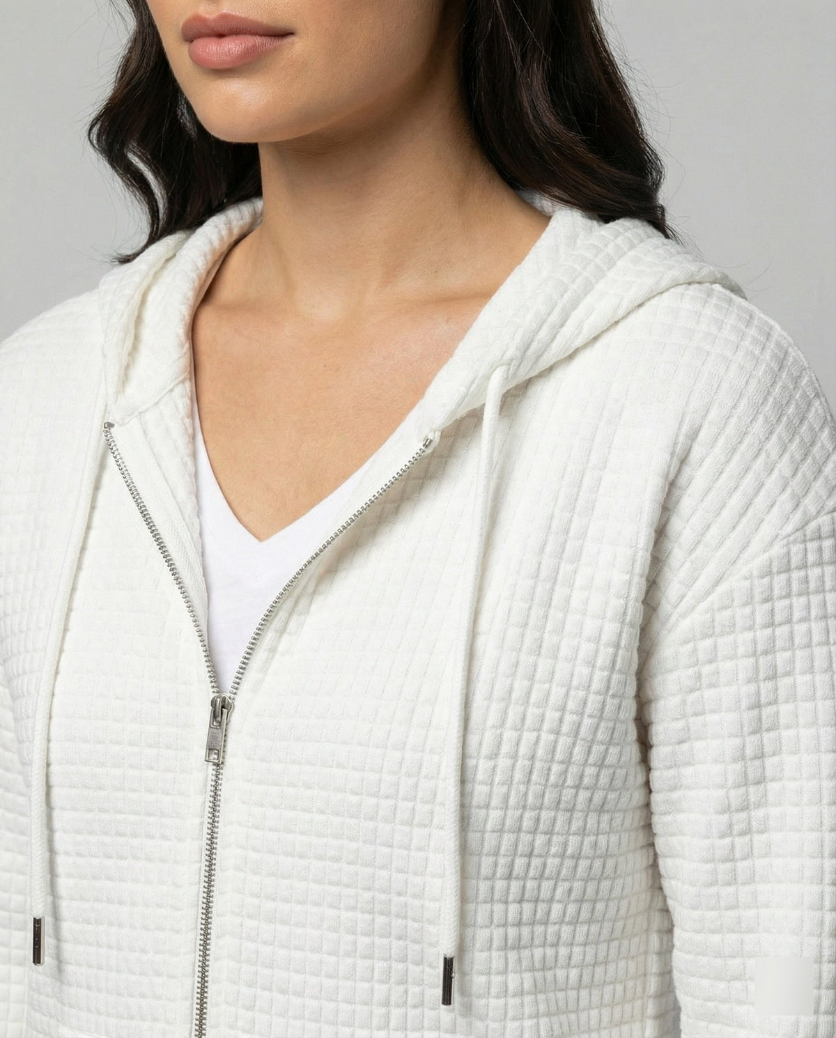 Women's Waffle Textured Fleece Jacket Hooded Full-Zip Quilted Relaxed