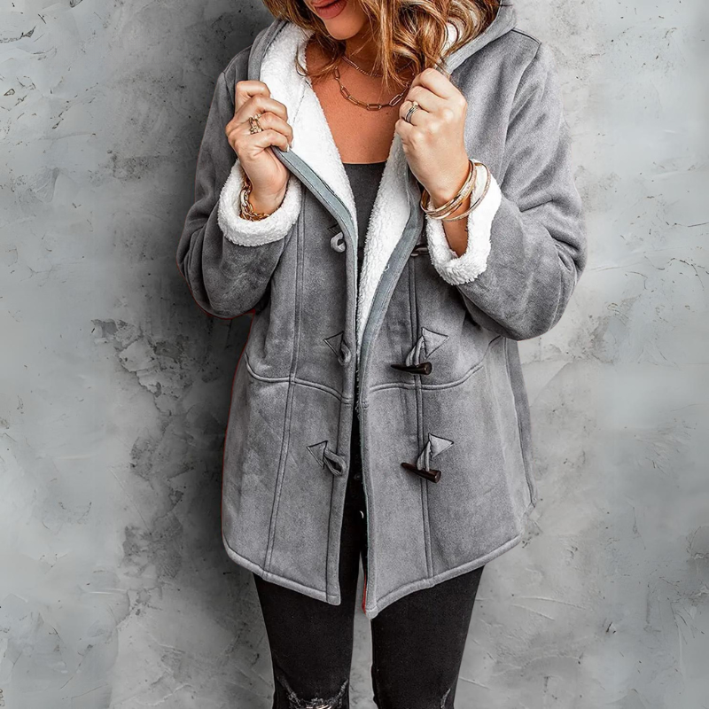 Women's Suede Sherpa-Lined Hooded Duffle Jacket Toggle-Button Warm